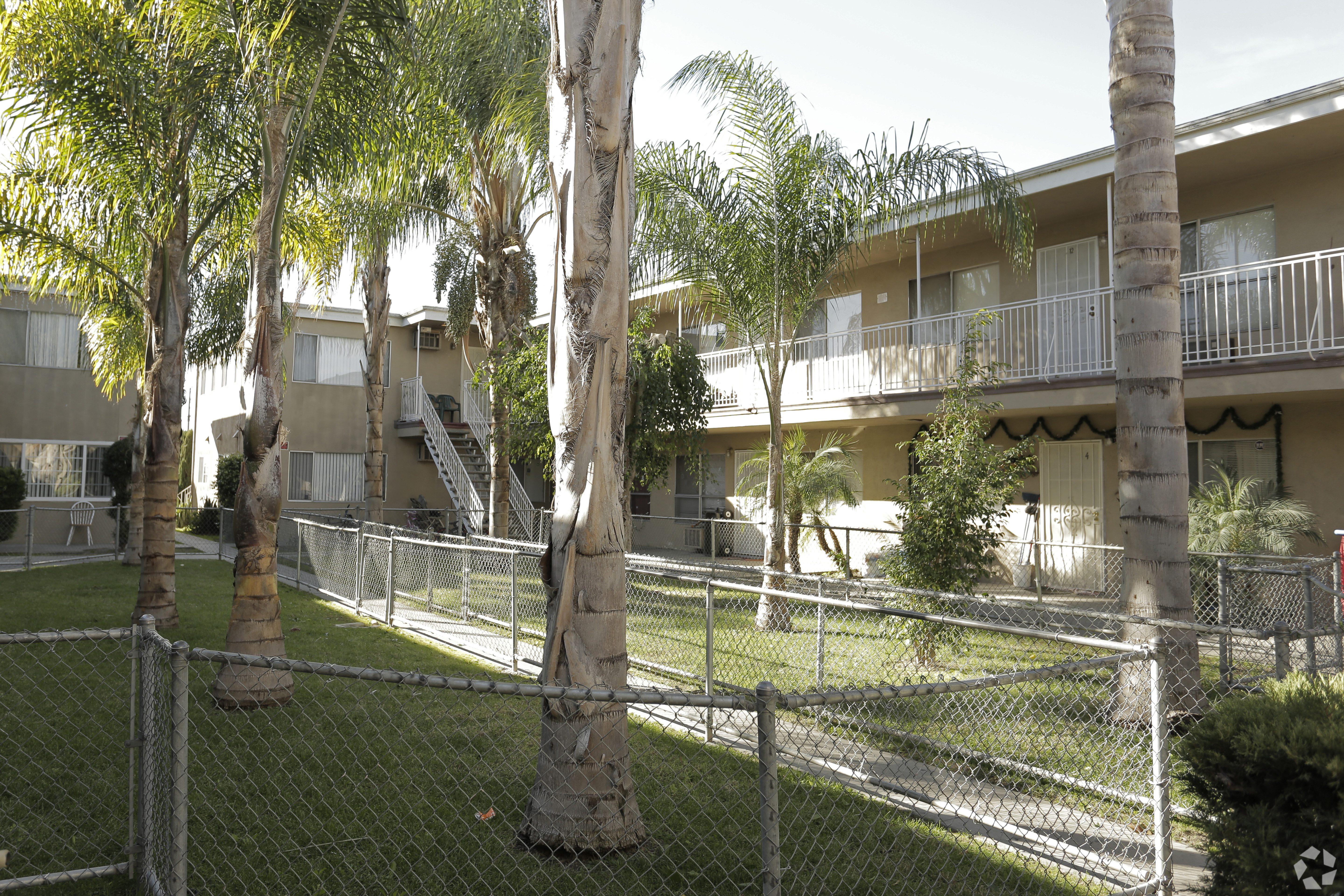 A chain link fence surrounds a grassy area with palm trees and apartment buildings in the background.